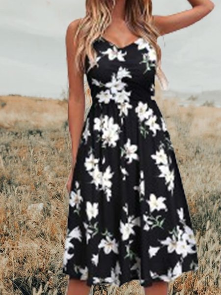 

Vacation Spaghetti Polka Dots Short Sleeve beach Woven Dress, Black, Summer Dresses