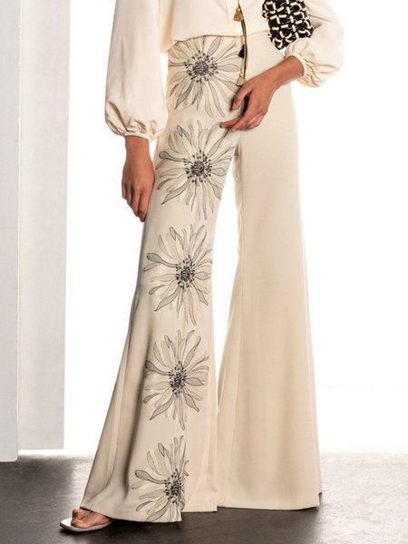 

Elegant Floral Printed Wide Leg Pants, White, Wide Leg Pants