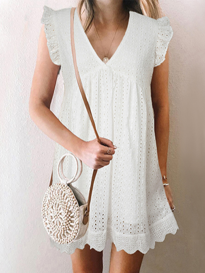 

Boho Frill Sleeve Simple Sleeveless Woven Dress, White, Dresses