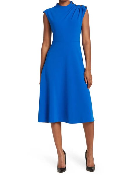 

Stand Collar Simple Woven Dress, Blue, Midi Dresses