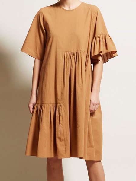 

Crew Neck Simple Short Sleeve Woven Dress, Khaki, Midi Dresses