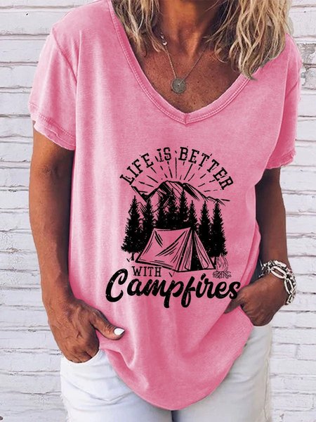 

Women's Life Is Better Camping With V-Neck T-Shirt, Pink, T-shirts