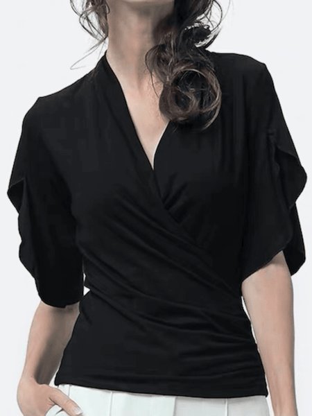 

Summer Lightweight Elegant V Neck Short Sleeve Daily Tops, Black, Tops