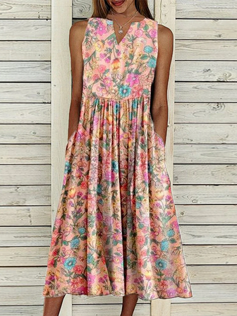 

V Neck Casual Floral Short Sleeve Woven Dress, Multicolor, Midi Dresses