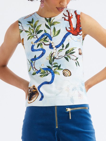 

Floral Skinny Casual Knit Tank, Blue, Tunics