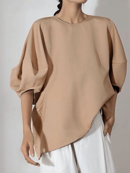 

Summer Lightweight Crew Neck Plain Short Sleeve Daily Tops, Khaki, Tops