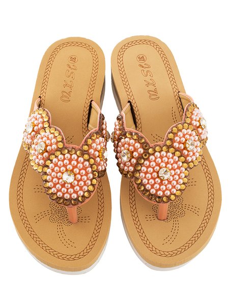 

Beaded Rhinestone Decorative Holiday Flip-Flops, Pink, Sandals