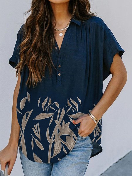

Buttoned Leaves Short Sleeve Lapel Plus Size Casual Tops, Navyblue, Tops