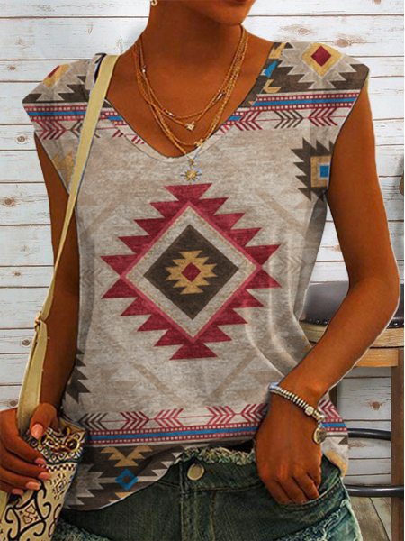 Casual Tribal Knit Tank, Khaki, Tanks & Camis