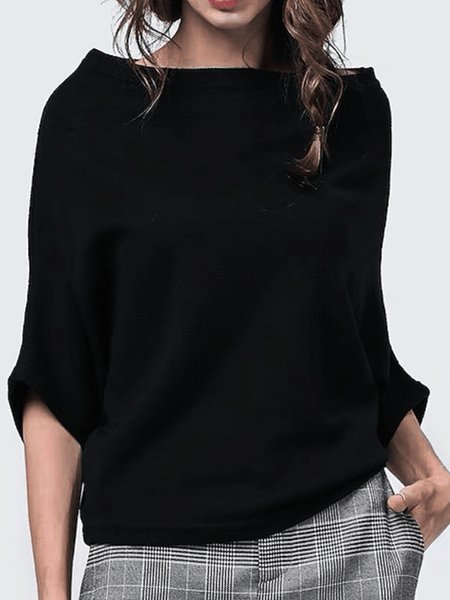 

Summer High Stretch Lightweight Boat Neck Loosen Short Sleeve Daily Tops, Black, Tops