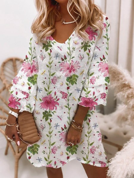 

V Neck Loosen Casual Short Sleeve Woven Dress, As picture, Mini Dresses