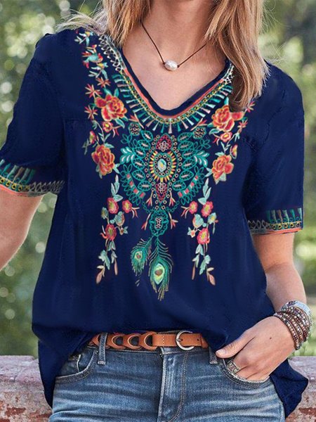 

Tribal V Neck Loosen Short Sleeve Tops, Blue, Tees & T-shirts