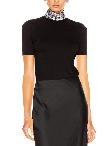 

Skinny Elegant High Neck Short Sleeve T-Shirt, Black, Tees