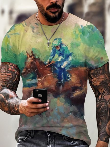 

Men's Western Denim Print Short Sleeve T-Shirt, As picture, Men's t-shirts