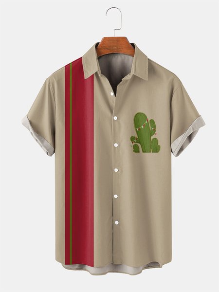 

Cactus Graphic Men's Casual Bowling Shirt, Beige, Men's Floral shirt