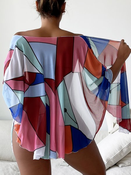 

Beach Vacation Colorful Geometric Abstract Print Blouse Plus Size, Multicolor, Swimwear