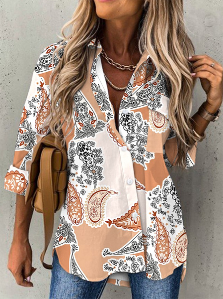 

Casual Printed Shirt Collar Long Sleeve Blouse, As picture, Blouses & Shirts