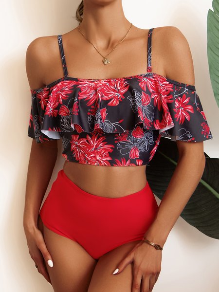 Beach Vacation Leaf Print Top Off Shoulder Split Bikini Swimsuit, Black, Swimwear