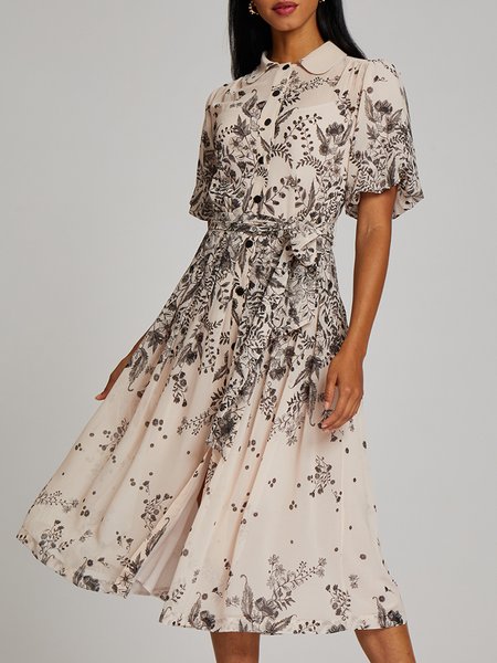 

Elegant Printed Shirt Collar Short Sleeve Dress, As picture, Midi Dresses