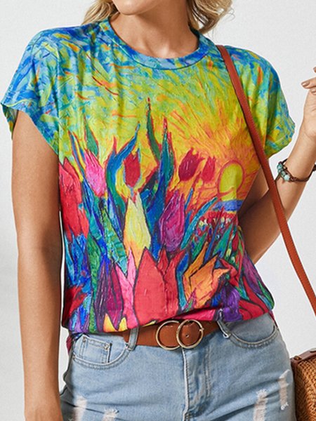 

Floral Crew Neck Loosen Short Sleeve T-Shirt, Multicolor, T-Shirts