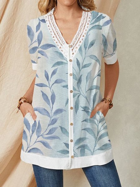 

Shirt Collar Short Sleeve Blouse, Blue, Shirts & Blouses