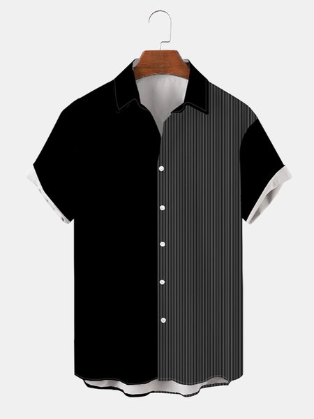 

Striped Shirt Collar Short Sleeve Shirts, Black, Men's Floral shirt