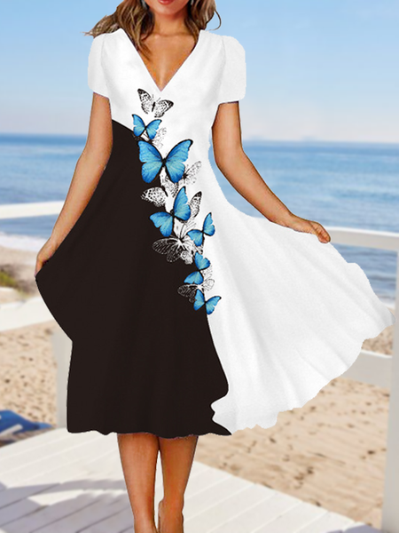 

Butterfly Black and White Contrast Print Beach Resort Dress Boho Short Sleeve Knit Dress, Dresses