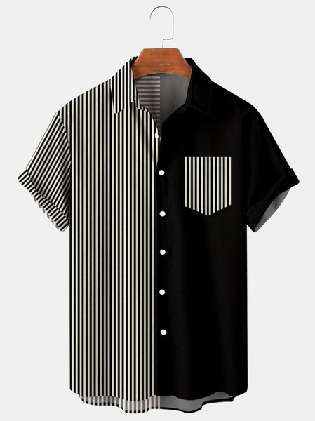 

Mens Striped Printed Breathable Casual Short Sleeve Shirt, Black, Shirts ＆ Blouse