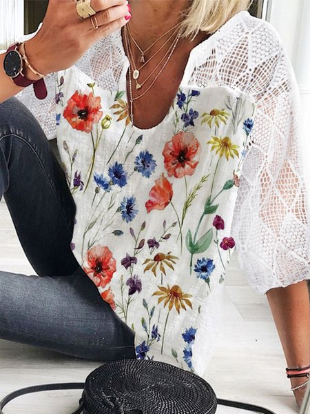 

Floral Casual Lace U-Neck Three Quarter Loosen Long sleeve tops, White, Blouses & Shirts