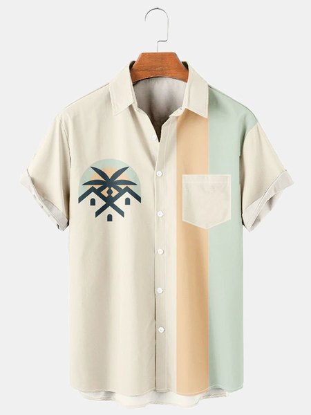 

Mens Coconut Tree Print Casual Breathable Hawaiian Short Sleeve Shirt, Apricot, Men's Floral shirt