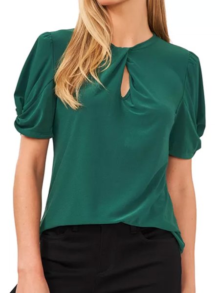 

Crew Neck Regular Fit Elegant Short Sleeve Top, Green, Tops