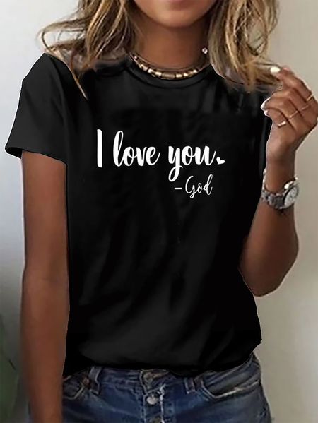 

I Love You God Printed Casual Round Neck Short Sleeve T-Shirt, Black, T-Shirts