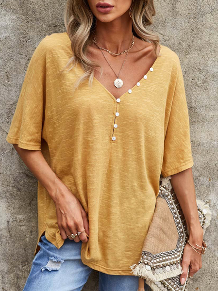 

Loose and comfortable button-embellished plain home casual top Loosen Short Sleeve T-Shirt, Yellow, Tunics