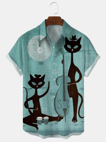 

Cat Short Sleeve Shirt Collar Shirt & Top, Green, Men's Floral shirt