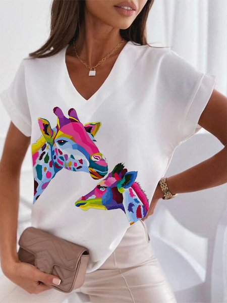 

Casual Animal V Neck Cotton Blends Short Sleeve Tops, White, T-Shirts