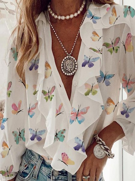 

Butterfly Printed V Neck Plus Size Casual Shirt Tops, White, Blouses & Shirts