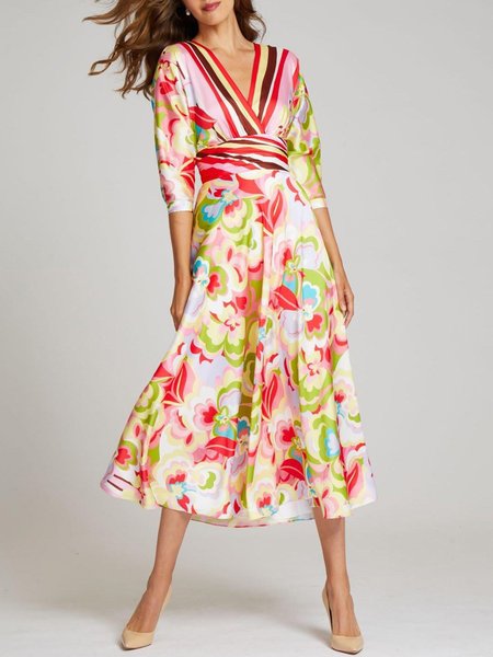 

Printed Elegant Date Three Quarter V Neck Dress, Multicolor, Midi Dresses