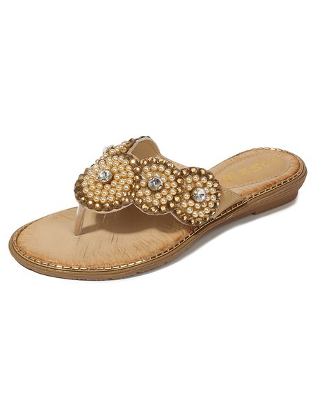 

Pearl Beaded Rhinestone Bohemian Flip-flops, Apricot, Sandals