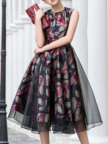 

Regular Fit Crew Neck Short Sleeve Woven Date Midi Dress, Black, Midi Dresses