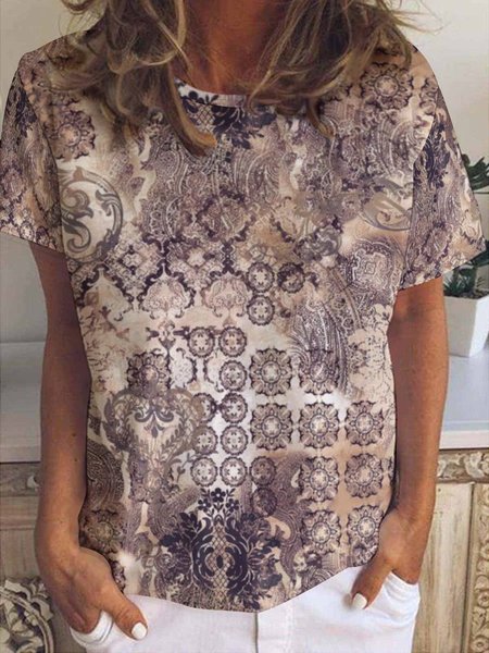 

Retro Geometry Print Crew Neck Short Sleeve Tops, As picture, T-shirts