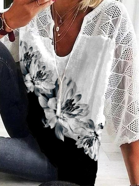 

Lace Color-block Floral 3/4 Sleeve Plus Size Casual Tops, Black-white, Tops