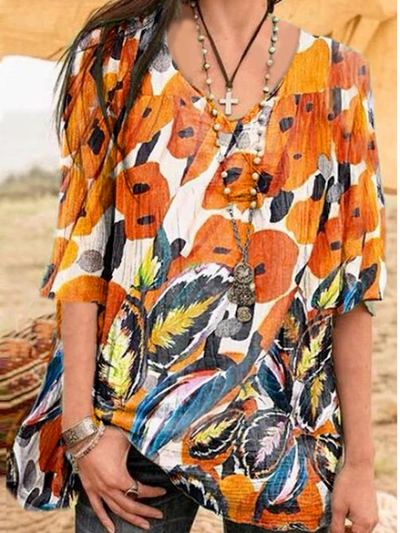 

Abstract Loosen Casual Long Sleeve Tops, Orange, T-Shirts