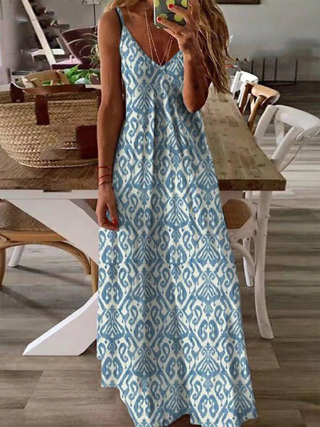 

Plus size Spaghetti Casual Printed Boho Dress, Blue, Maxi Dresses