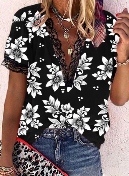 

Casual Floral Short Sleeve Tops, Black, Blouses & Shirts
