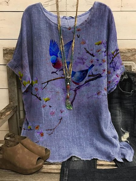 

Bird And Floral Casual Short Sleeve Tops, Multicolor, Tunics