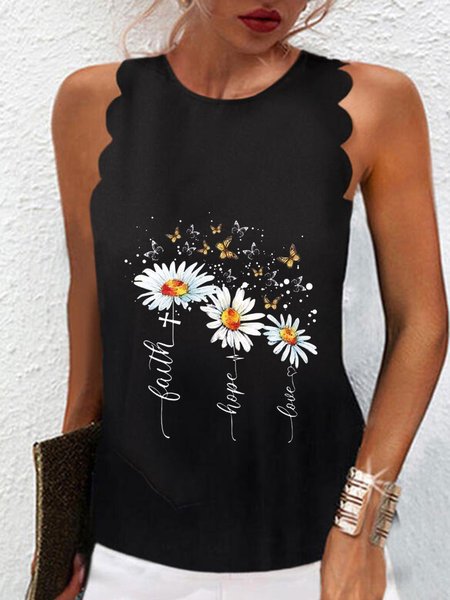 

Casual Floral Sleeveless Tank, Black, Tank Top