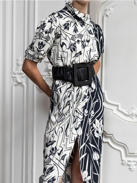 

Shirt Collar Elegant Short Sleeve Woven Dress, White, Maxi Dresses