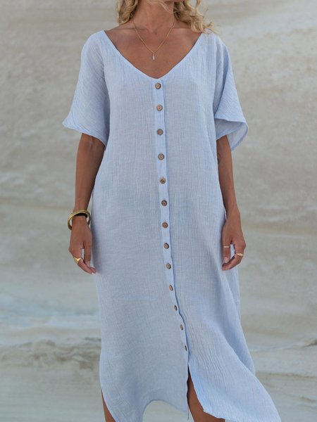 

Vacation Cotton Short Sleeve Woven Dress, Blue, Dresses