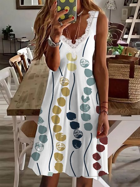 

Lace Geometric V Neck Sleeveless Casual Dress, White, Mini Dresses