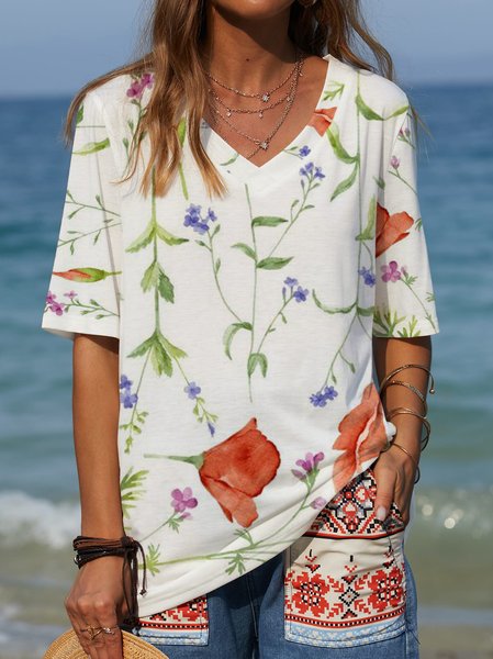 

V Neck Floral Printed Short Sleeve T-Shirt, Apricot, Tees & T-shirts